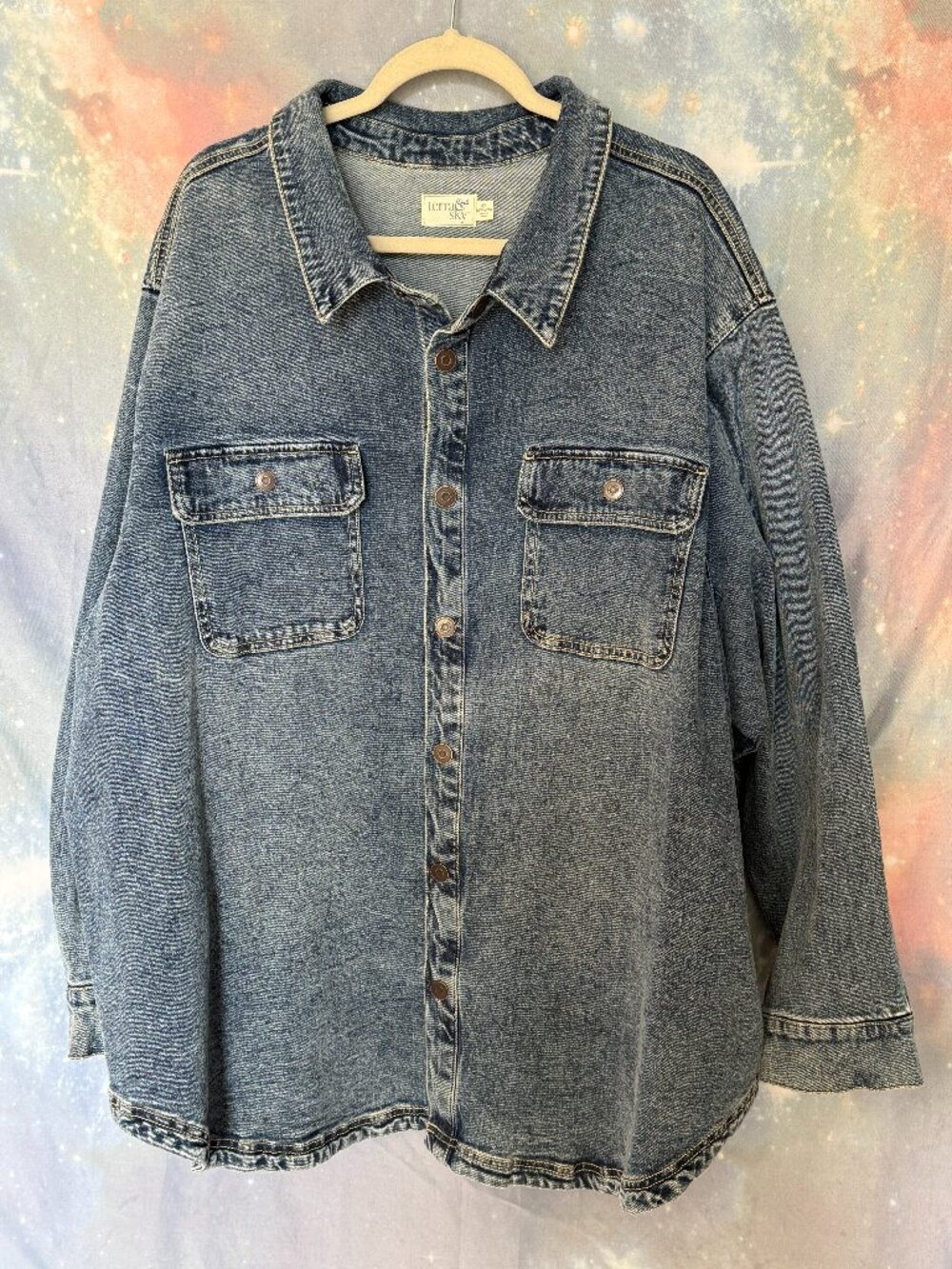 Terra & Sky Denim Shirt Jacket Womens 4X 28W-30W Acid Wash Blue 32 P2P Shacket